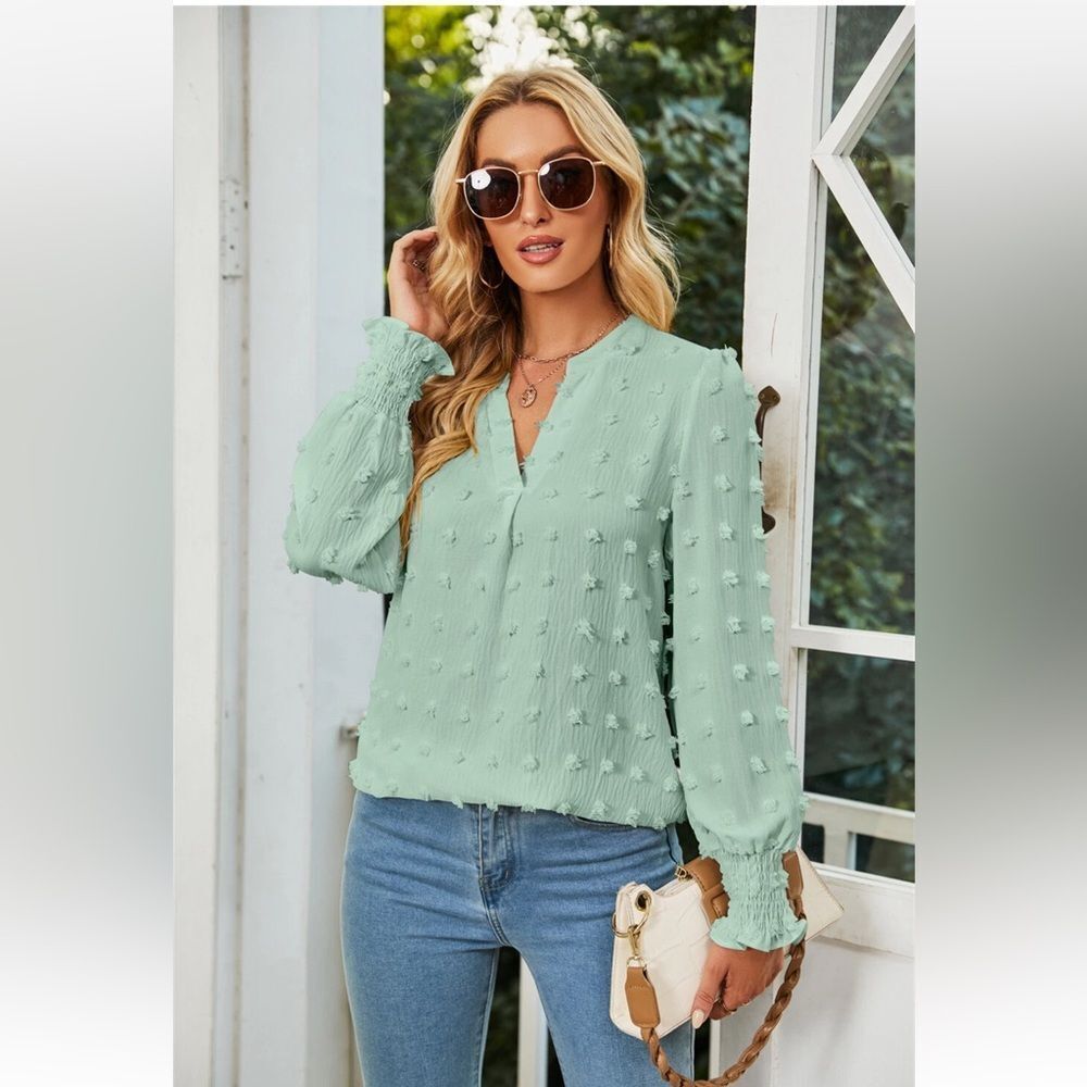 Zesika Mint Green Swiss Dot V-Neck Blouse